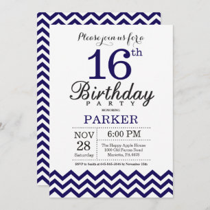 16th Birthday Invitation Navy Blue Chevron