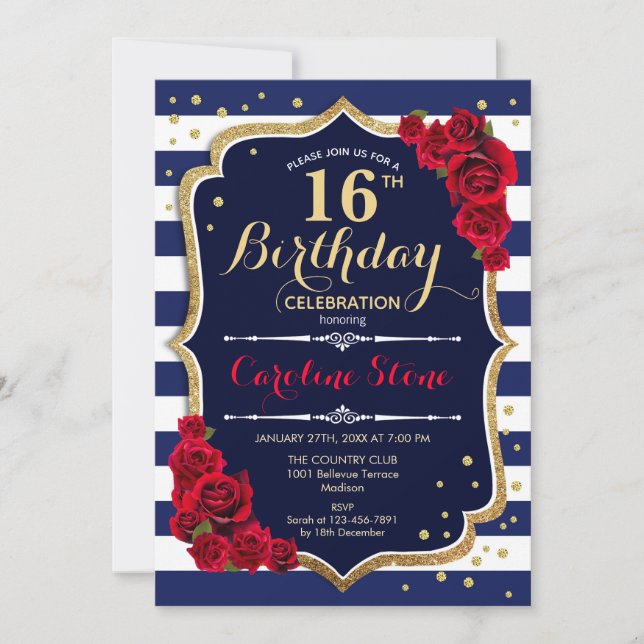 16th Birthday Invitation Navy White Stripes Roses (Front)