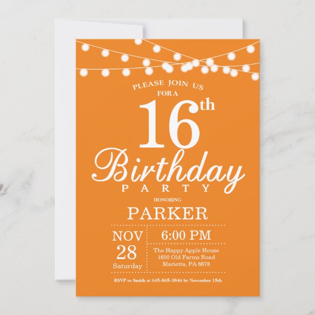 16th Birthday Invitation Orange (Front)