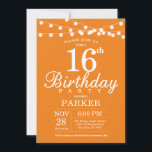 16th Birthday Invitation Orange<br><div class="desc">16th Birthday Invitation with String Lights. Orange Background. Kids Birthday. Boy or Girl Lady Elegant bday Invite. 13th 15th 16th 18th 20th 21st 30th 40th 50th 60th 70th 80th 90th 100th, Any age. For further customisation, please click the "Customise it" button and use our design tool to modify this template....</div>