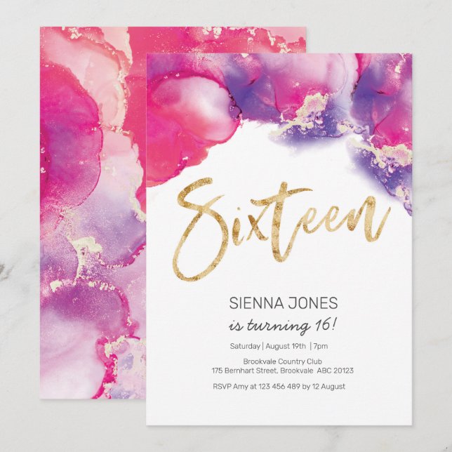16th Birthday Invitation pink Abstract Watercolor (Front/Back)