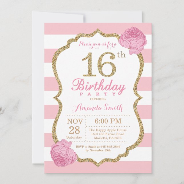 16th Birthday Invitation Pink and Gold Floral (Front)