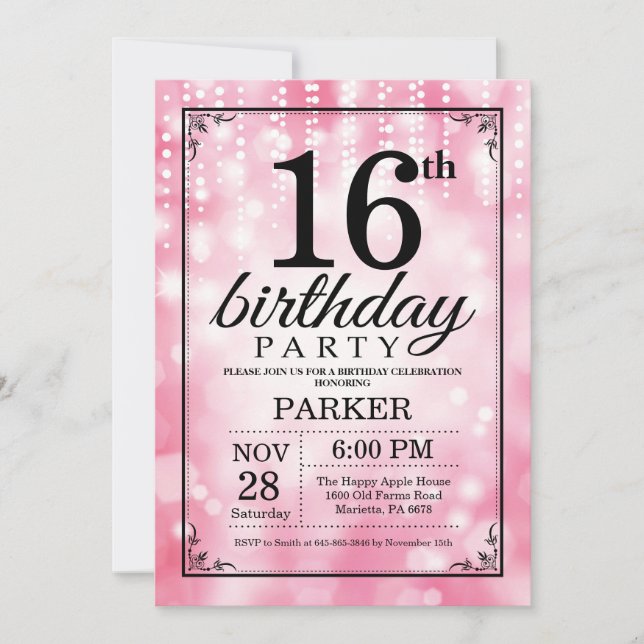 16th Birthday Invitation Pink Glitter (Front)
