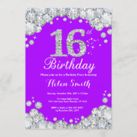 16th Birthday Invitation Purple and Silver Diamond