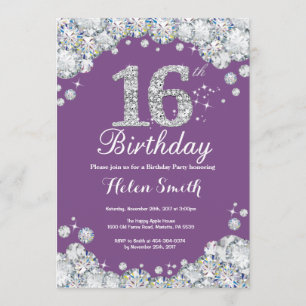 16th Birthday Invitation Purple and Silver Diamond