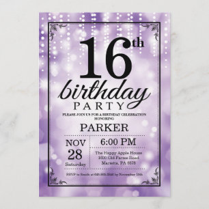 16th Birthday Invitation Purple Glitter