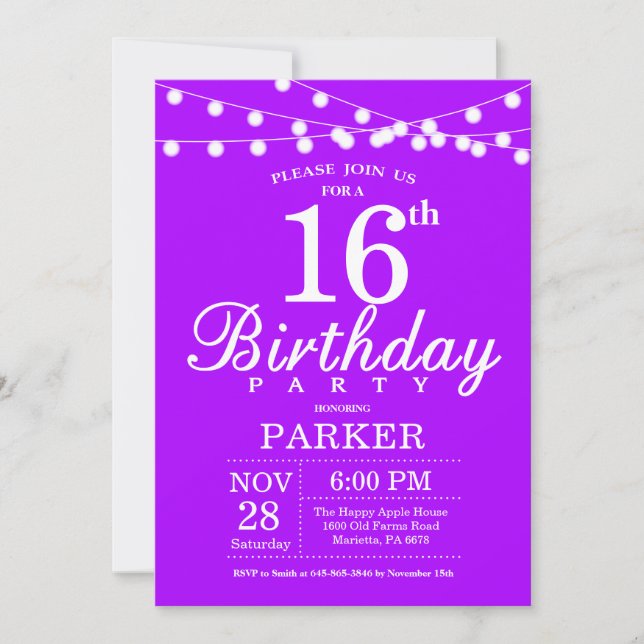 16th Birthday Invitation Purple Lavender Lilac (Front)