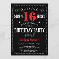 16th Birthday Invitation Red and Black Chalkboard