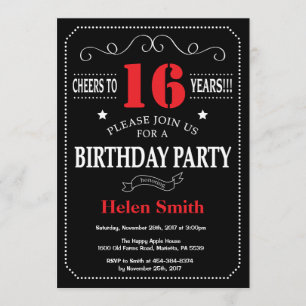 16th Birthday Invitation Red and Black Chalkboard