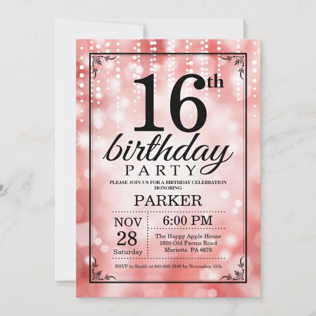 16th Birthday Invitation Red Glitter (Front)