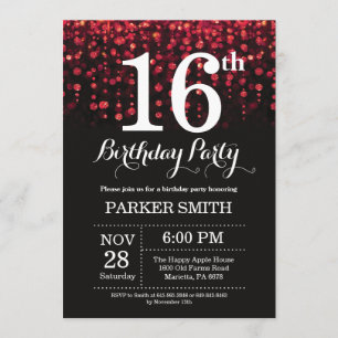 16th Birthday Invitation Red Glitter
