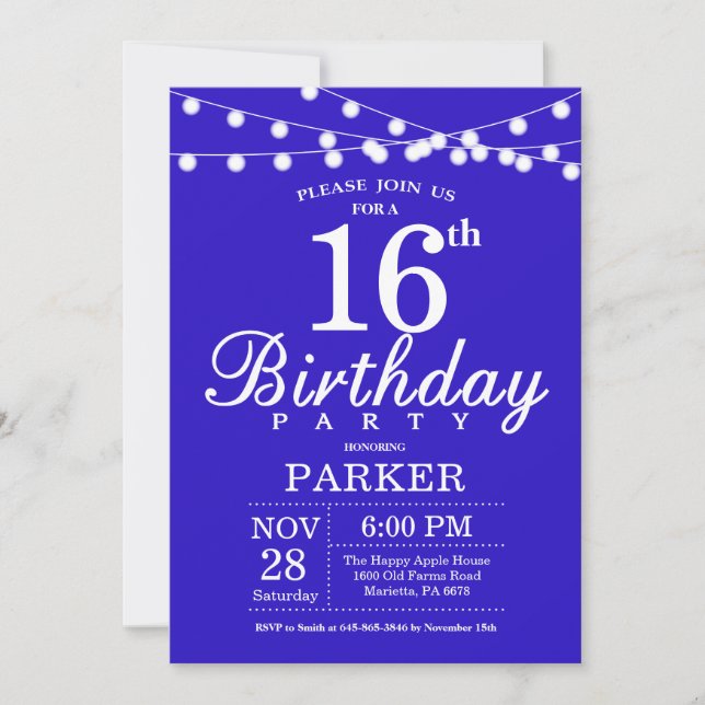 16th Birthday Invitation Royal Blue (Front)