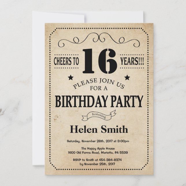 16th Birthday Invitation Rustic Vintage Retro (Front)