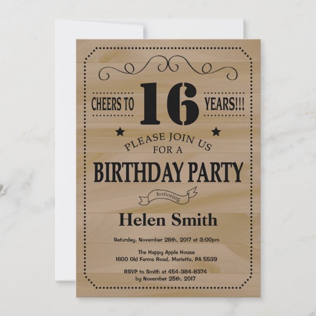 16th Birthday Invitation Rustic Wood (Front)