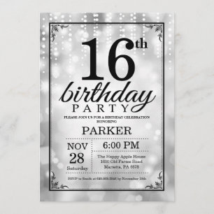 16th Birthday Invitation Silver Glitter