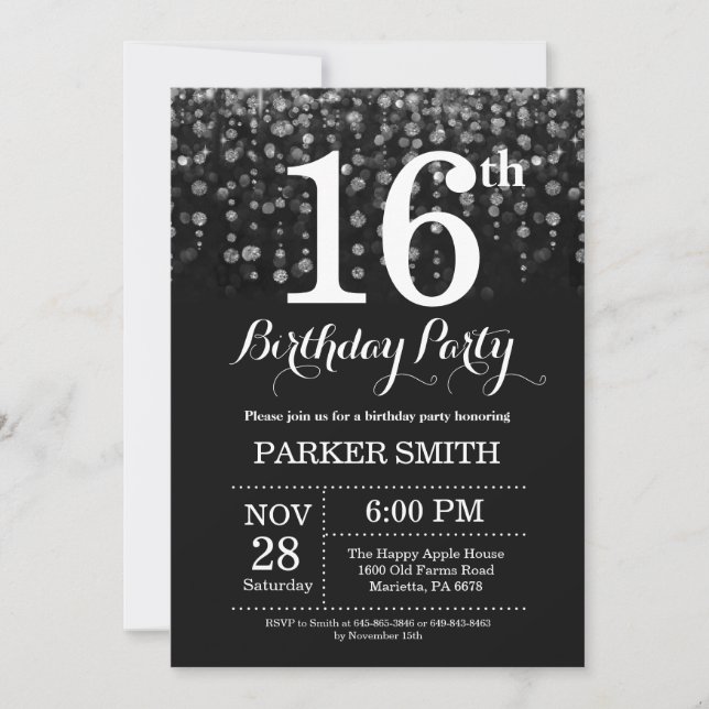 16th Birthday Invitation Silver Glitter (Front)