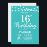 16th Birthday Invitation Teal Aqua Turquoise<br><div class="desc">16th Birthday Invitation with String Lights. Teal Aqua Turquoise Background. Kids Birthday. Boy or Girl Bday Invite. 13th 15th 16th 18th 20th 21st 30th 40th 50th 60th 70th 80th 90th 100th, Any age. For further customisation, please click the "Customise it" button and use our design tool to modify this template....</div>
