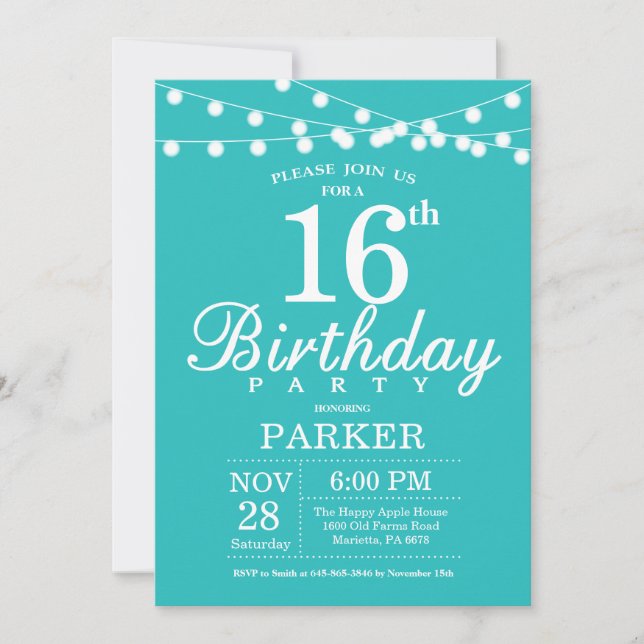 16th Birthday Invitation Teal Aqua Turquoise (Front)