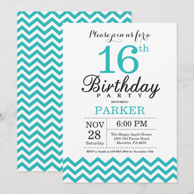 16th Birthday Invitation Teal Chevron (Front/Back)