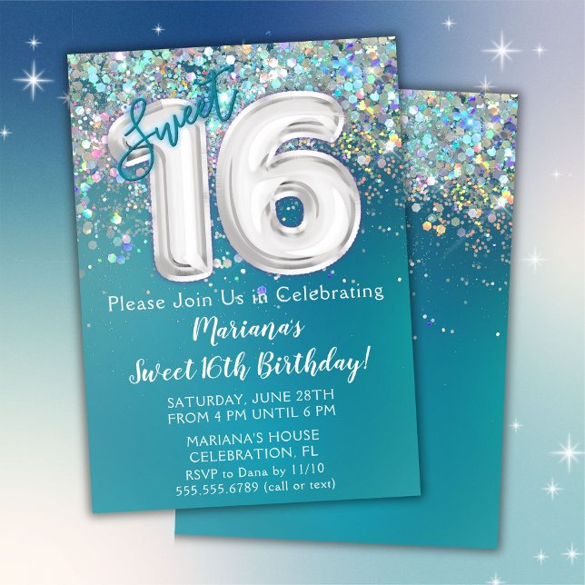 16th Birthday Invitation Teal Silver Glitter (Creator Uploaded)