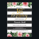 16th Birthday Invitation Teen. Floral Gold Black<br><div class="desc">16th Birthday Invitation for Teen Girl Lady. Sweet sixteen. Black and Gold Birthday Party Invite. Gold Glitter. Pink Watercolor Floral Flower. Black and White Stripes. Printable Digital. For further customisation,  please click the "Customise it" button and use our design tool to modify this template.</div>