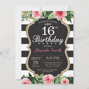 16th Birthday Invitation Women. Floral Gold Black