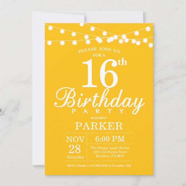 16th Birthday Invitation Yellow (Front)