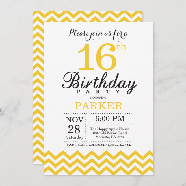 16th Birthday Invitation Yellow Chevron (Front/Back)