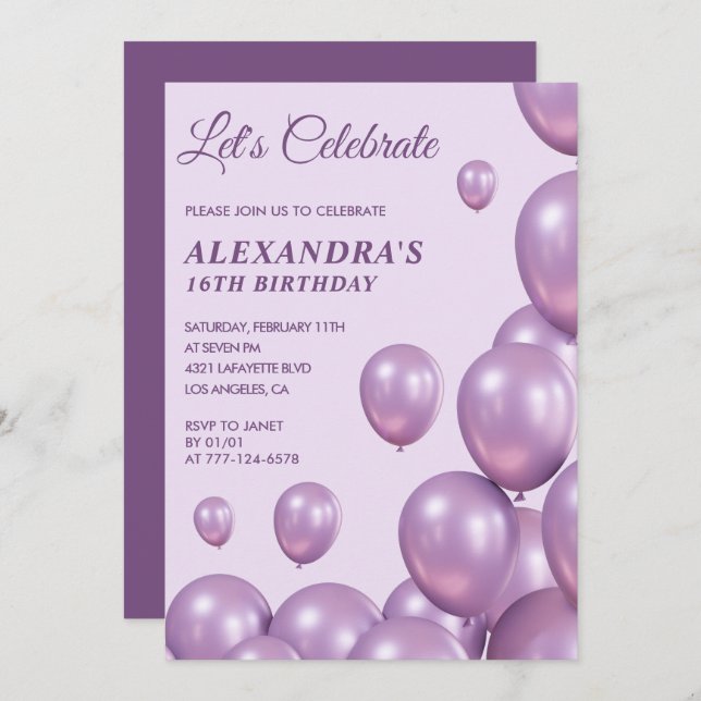 16th birthday invitations Balloons Chic Purple (Front/Back)