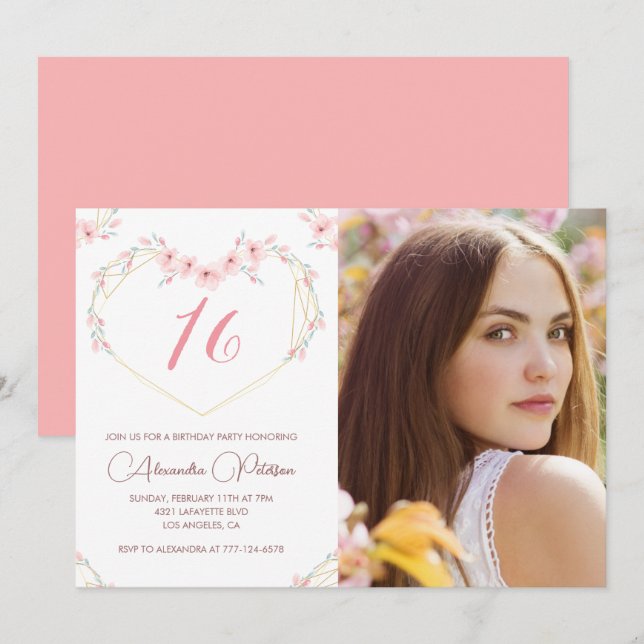 16th birthday invitations Boho Floral Photo (Front/Back)