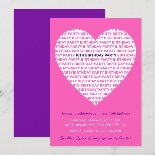 16th birthday invitations Pink Heart Modern (Front/Back)