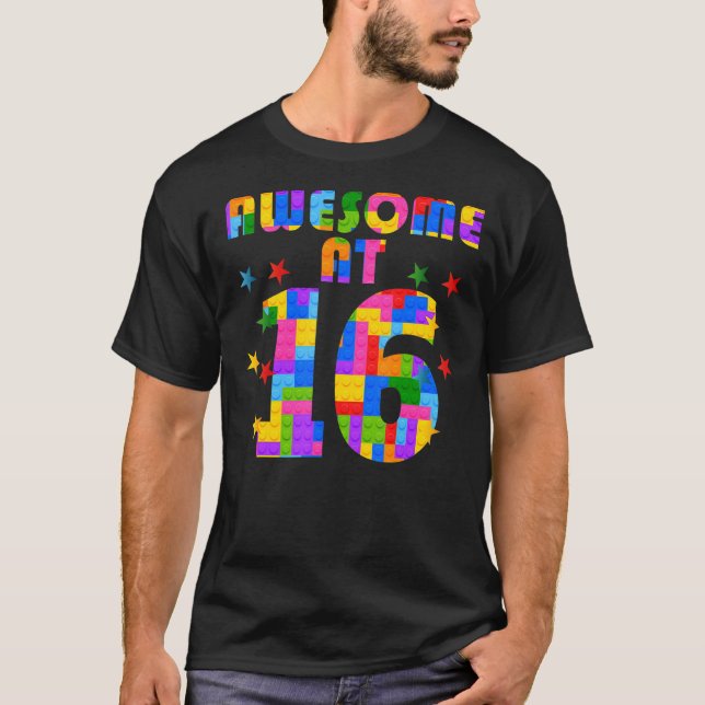 16th Birthday Kids 16 Building Blocks Bricks Theme T-Shirt (Front)