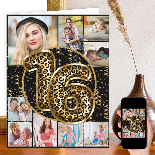 16th Birthday Leopard Print Gold Balloons Photo Card (Creator Uploaded)