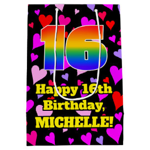 16th Birthday: Loving Hearts Pattern, Rainbow # 16 Medium Gift Bag