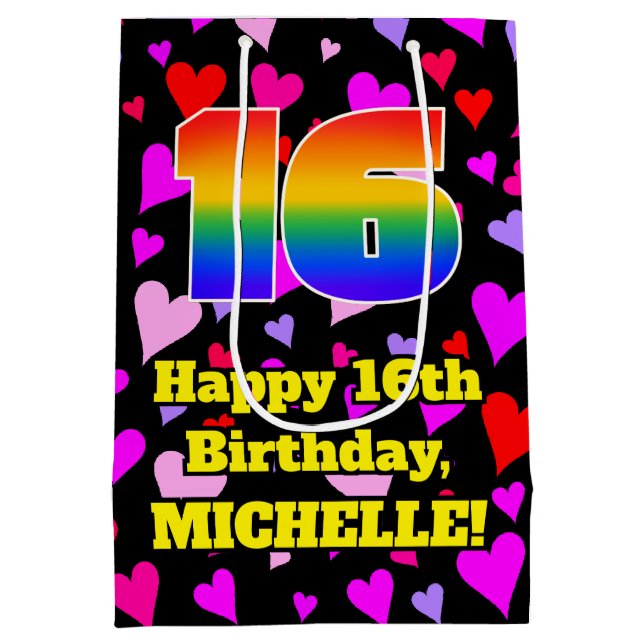 16th Birthday: Loving Hearts Pattern, Rainbow # 16 Medium Gift Bag (Back)