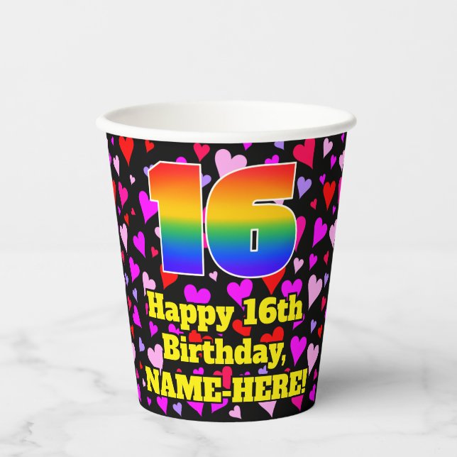 16th Birthday: Loving Hearts Pattern, Rainbow 16 Paper Cups (Front)