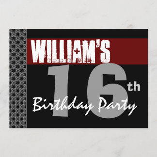 16th Birthday Modern Red Black Silver W1701 Invitation