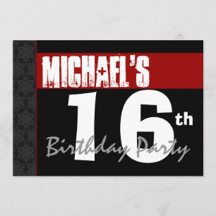 16th Birthday Modern Red Black White Stars v03 Invitation