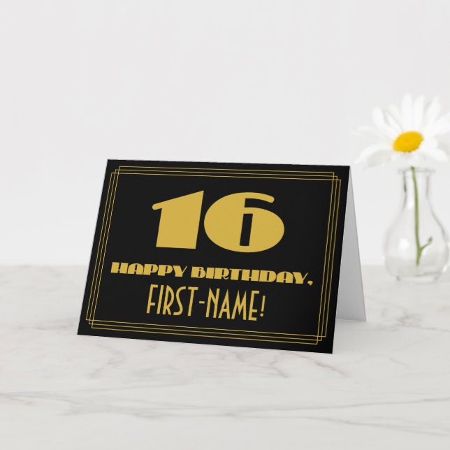 16th Birthday: Name + Art Deco Inspired Look "16" Card (Small Plant)