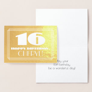 16th Birthday: Name + Art Deco Inspired Look "16" Foil Card