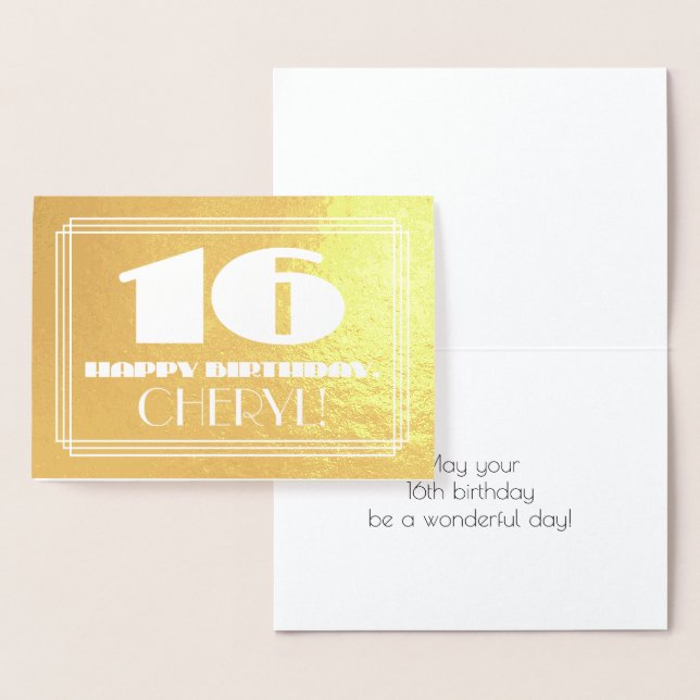 16th Birthday: Name + Art Deco Inspired Look "16" Foil Card (Display)