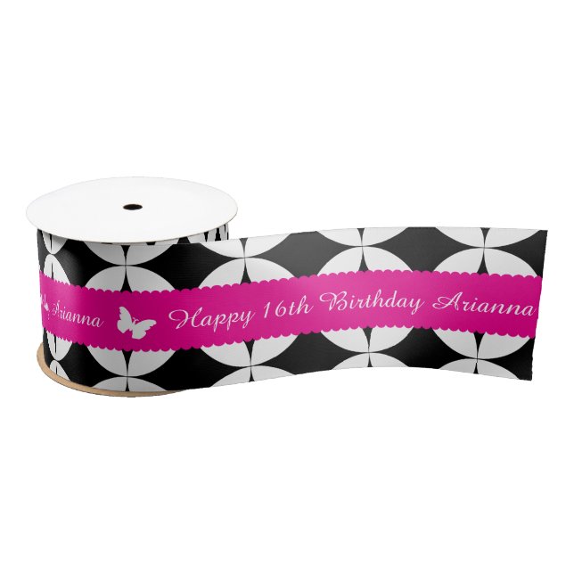 16th birthday name pink white butterfly ribbon satin ribbon (Spool)