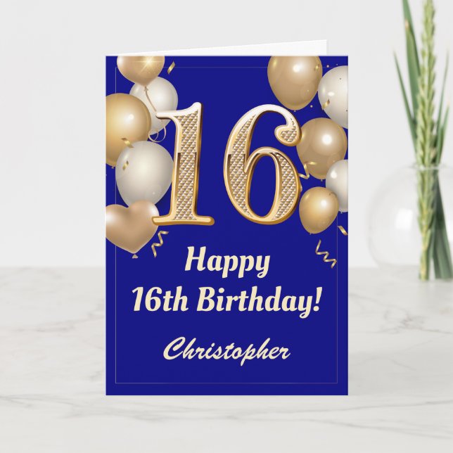 16th Birthday Navy Blue and Gold Balloons Confetti Card (Front)