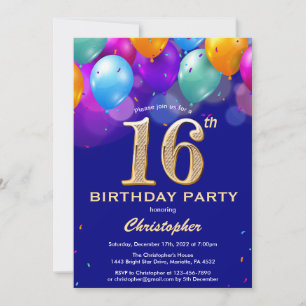16th Birthday Navy Blue and Gold Colourful Balloon Invitation