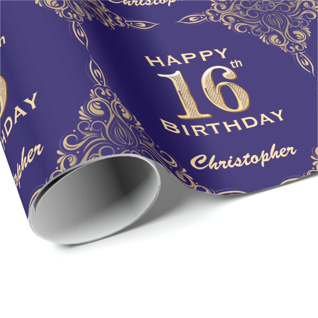 16th Birthday Navy Blue and Gold Glitter Frame Wrapping Paper (Roll Corner)