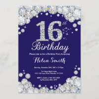 16th Birthday Navy Blue and Silver Diamond