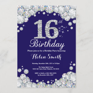 16th Birthday Navy Blue and Silver Diamond Invitation