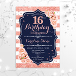 16th Birthday - Navy Rose Gold and White Stripes Invitation<br><div class="desc">16th Birthday Invitation.
Elegant rose gold white and navy design with faux glitter. Perfect for an elegant birthday party.</div>