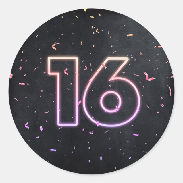 16th Birthday Neon Sign On Black Classic Round Sticker (Front)