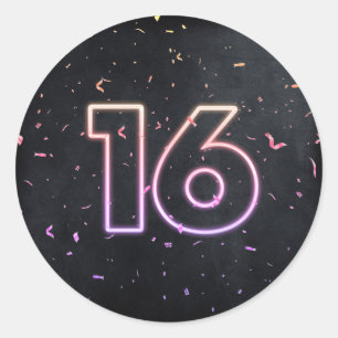16th Birthday Neon Sign On Black Classic Round Sticker
